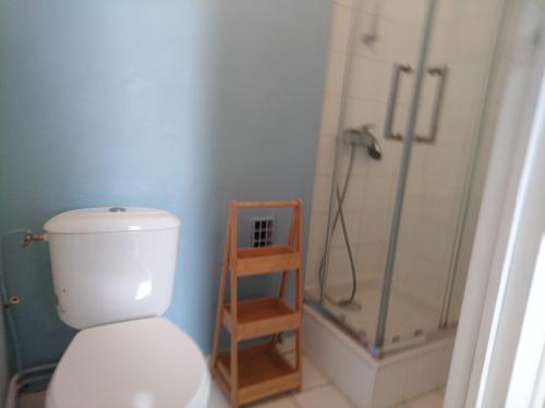 une salle de bain avec des toilettes blanches et une douche dans l'établissement Studio Baulois, à La Baule