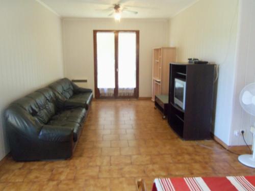 un salon avec un canapé en cuir noir et une télévision dans l'établissement Maison a la campagne, à Serres-et-Monguyard