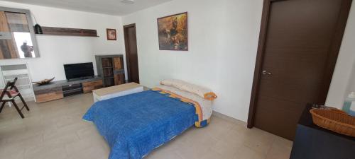 a bedroom with a bed with a blue blanket at Villa Verde Pet-friendly in Córdoba