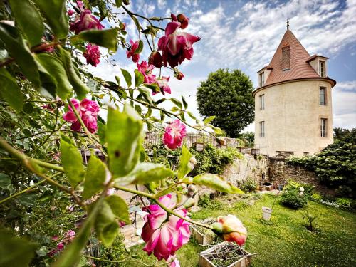 a building with a tower in the background with pink flowers at Maison Beurdelaine in Avallon