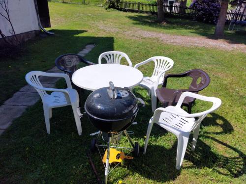 a table and chairs with a bbq and a grill at Gasthof Oberschmiede in Auf der Wiese