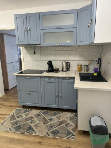 a kitchen with blue cabinets and a sink and a rug at Cluj Home due in Cluj-Napoca