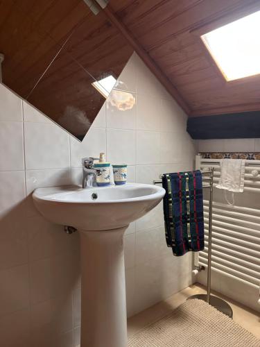 a bathroom with a white sink and a skylight at Casa do largo in Casais do Chão da Mendiga