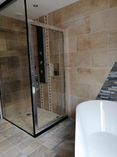 une douche avec une porte vitrée dans une salle de bain dans l'établissement Gîte des Forges, à Chaise-Dieu-du-Theil