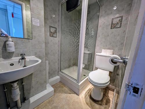 Graham Arms Inn في Longtown: حمام مع مرحاض ودش ومغسلة