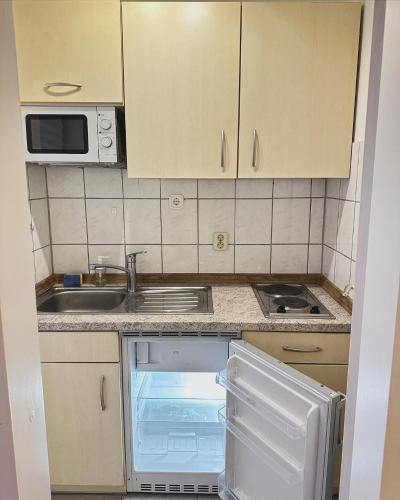 una nevera abierta en una cocina con fregadero en Cozy sunny apartment for one, en Múnich