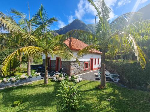 a house with palm trees and mountains in the background at Casa da Ribeira in São Vicente