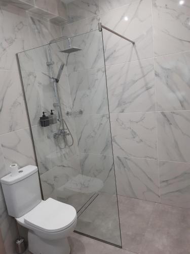 a white bathroom with a toilet and a shower at Akis Place in Ioannina