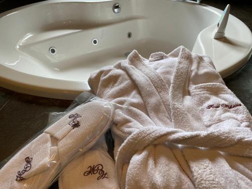 un asciugamano bianco seduto accanto a un lavandino di Hotel Finca Malvasia a Cabezón de Liébana