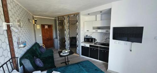 Apartamenty Hexagon nr 1 في جيبوفو: غرفة معيشة مع أريكة ومطبخ