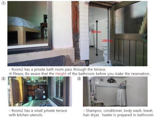 a picture of a door and a picture of a bathroom at BlueBird Guesthouse - Foreign Only in Seoul