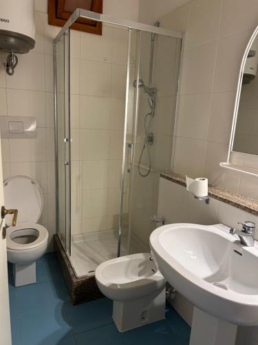 a bathroom with a shower and a toilet and a sink at Casa azzurra Salina Bamba in Punta Molara
