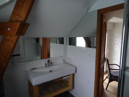 ein Bad mit einem Waschbecken und einem Spiegel in der Unterkunft Cafecouet'Breizh in Guipry-Messac