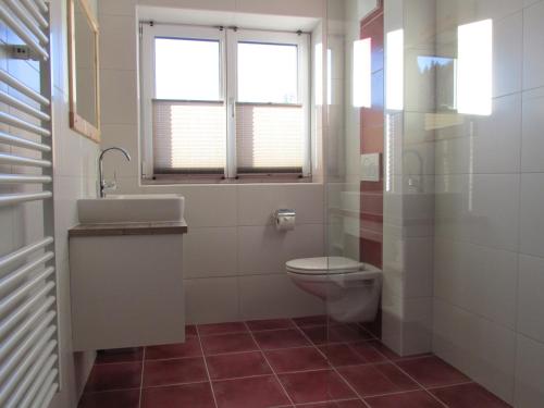 une salle de bain avec toilettes, lavabo et fenêtre dans l'établissement Reitercamp Ortnerhof, à Ramsau am Dachstein