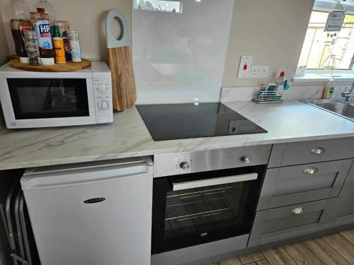 a kitchen with a microwave and a stove top oven at Croí Beag Luxury Studio Omeath in Dundalk
