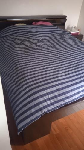 - un lit avec une couverture rayée noire et blanche dans l'établissement 2 pièces avec terrasse à Chatou, à Rueil-Malmaison