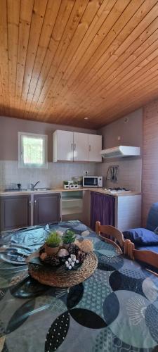 une cuisine avec une table avec un bol dessus dans l'établissement Résidence bord de mer I Querci, à Poggio-Mezzana