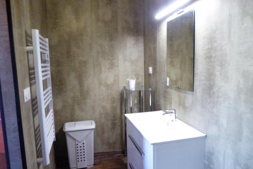 une salle de bain avec toilettes, lavabo et miroir dans l'établissement La villa Ponta, au calme proche plage, à Vaux-sur-Mer