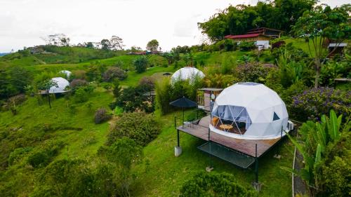 an aerial view of a yurt in a field at Ecohotel Monte Tierra Habitaciones y Glamping in Filandia