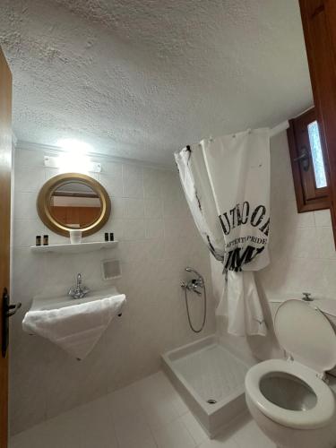 bagno con servizi igienici, lavandino e specchio di Evita Beach Hotel a Spilia