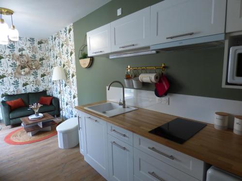 une cuisine avec un évier et un salon dans l'établissement Studio centre ville Châteauroux, à Châteauroux