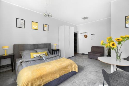 um quarto com uma cama, uma mesa e uma cadeira em Spacious Apartament in the heart of Poznań em Poznań