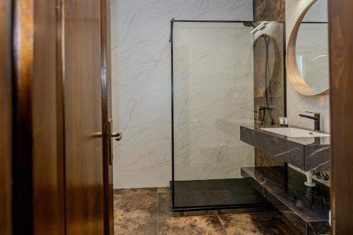 a bathroom with a glass shower and a sink at La Maison de Caroline in Alba Iulia