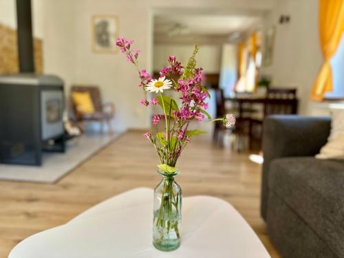 a vase filled with flowers sitting on a table at Domek U Labe in Stanovice