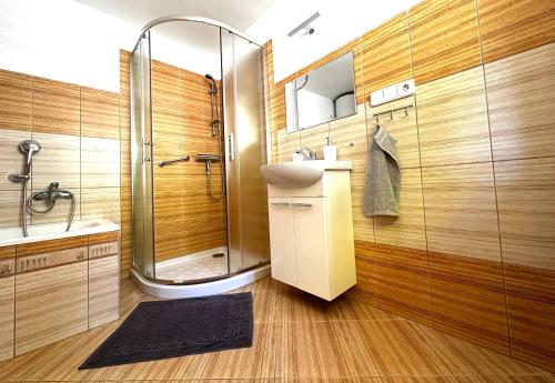 a bathroom with a sink and a shower at Domek U Labe in Stanovice