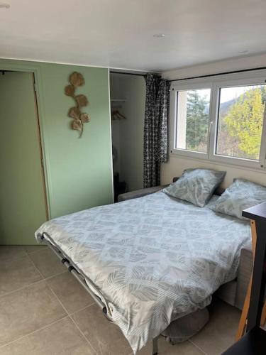 une chambre avec un lit et une fenêtre dans l'établissement Studio cosy avec terrasse et accès piscine, à Aurec-sur-Loire