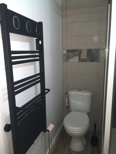 - une petite salle de bains avec des toilettes et une porte dans l'établissement Appartement des Charmilles, Compiègne hyper-centre, à Compiègne