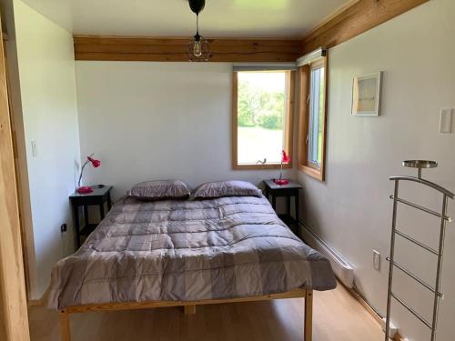1 dormitorio con cama y ventana en Tranquil private get away cottage in the woods, 
