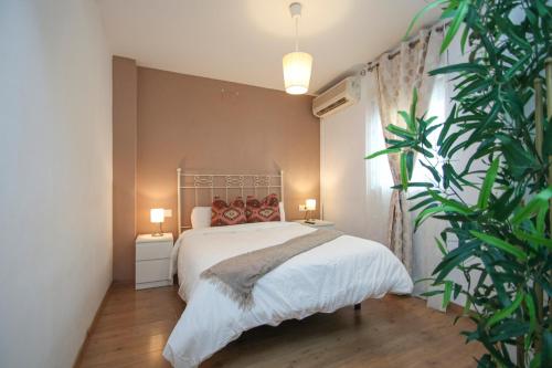 a bedroom with a white bed and a plant at Spacious 2 bedroom apt in the heart of Triana in Seville
