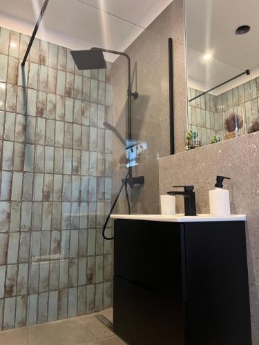 een badkamer met een douche en een wastafel bij Willa Olimpia in Podzamcze