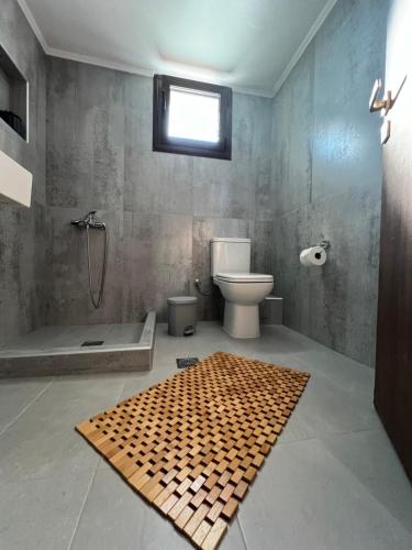 a bathroom with a shower and a toilet and a rug at Maria rooms to let Ouranoupoli in Ouranoupoli