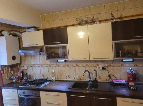 eine Küche mit weißen Schränken, einer Spüle und einem Herd in der Unterkunft Apartament Untold Festival in Cluj-Napoca