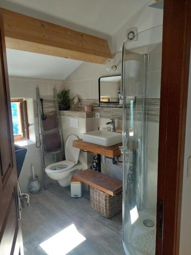 une salle de bain avec toilettes, lavabo et douche dans l'établissement Maison de charme Orezza Haute-Corse Castagniccia, à Carpineto