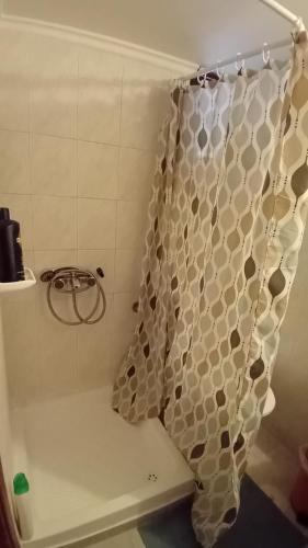 y baño con ducha y cortina de ducha. en Studio Despoina, en Skala Kallonis