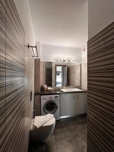une salle de bain avec toilettes et lavabo et une machine à laver dans l'établissement Phils Apartments II, à Leucade
