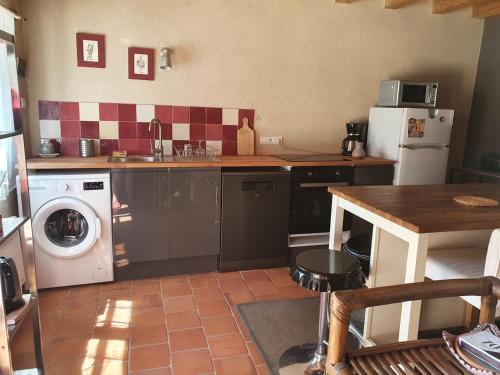 une cuisine avec un évier et une machine à laver dans l'établissement Maison de campagne, à Saint-Saturnin-sur-Loire