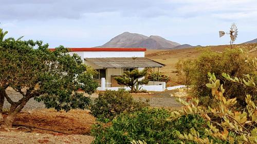 a house in the middle of a field with mountains at Casa-Molino in Tuineje