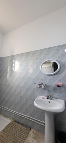 a bathroom with a sink and a mirror at Camping Pension Zina in Zurayq Barrānīyah