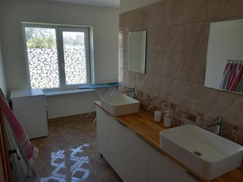 a bathroom with a sink and a mirror at Territory Parking RV&Campers Garden Forest park in Rīga