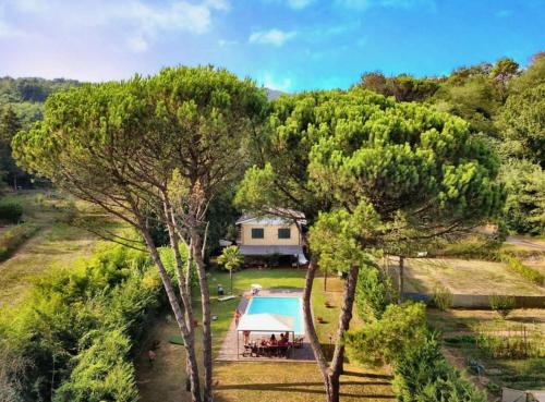 eine Luftansicht eines Hauses mit Pool und Bäumen in der Unterkunft Heerlijke villa met privé zwembad & 5 slaapkamers dicht bij Lucca en Pisa in Monsagrati