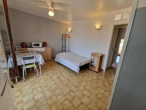 een slaapkamer met een bed en een tafel en een magnetron bij Agréable Appartement in La Londe-les-Maures