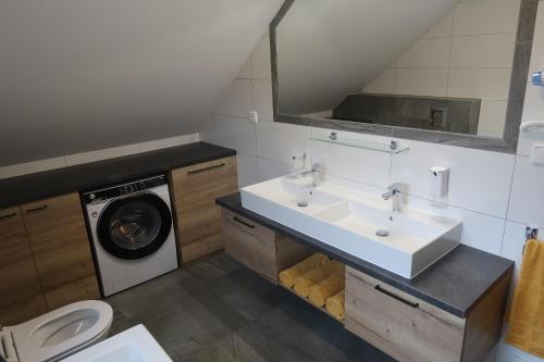 a bathroom with a sink and a washing machine at Wellness chata Kouty in Loučná nad Desnou