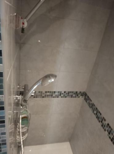 a shower in a bathroom with a shower head at Gîte de charme 2 à 4 personnes au bord de l'Orne in Macé