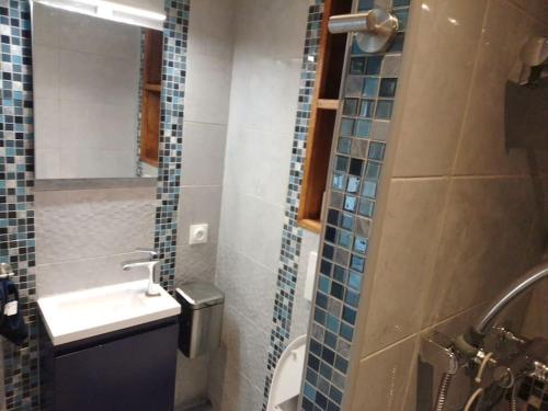 a bathroom with a sink and a toilet and a shower at Gîte de charme 2 à 4 personnes au bord de l'Orne in Macé
