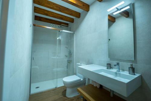 y baño con lavabo, aseo y ducha. en Apartamentos Rurales Quintanilla, en Penagos