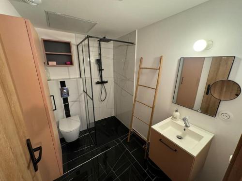 een badkamer met een douche, een wastafel en een toilet bij Écrin proche des calanques T2 Côte bleue in Ensuès-la-Redonne